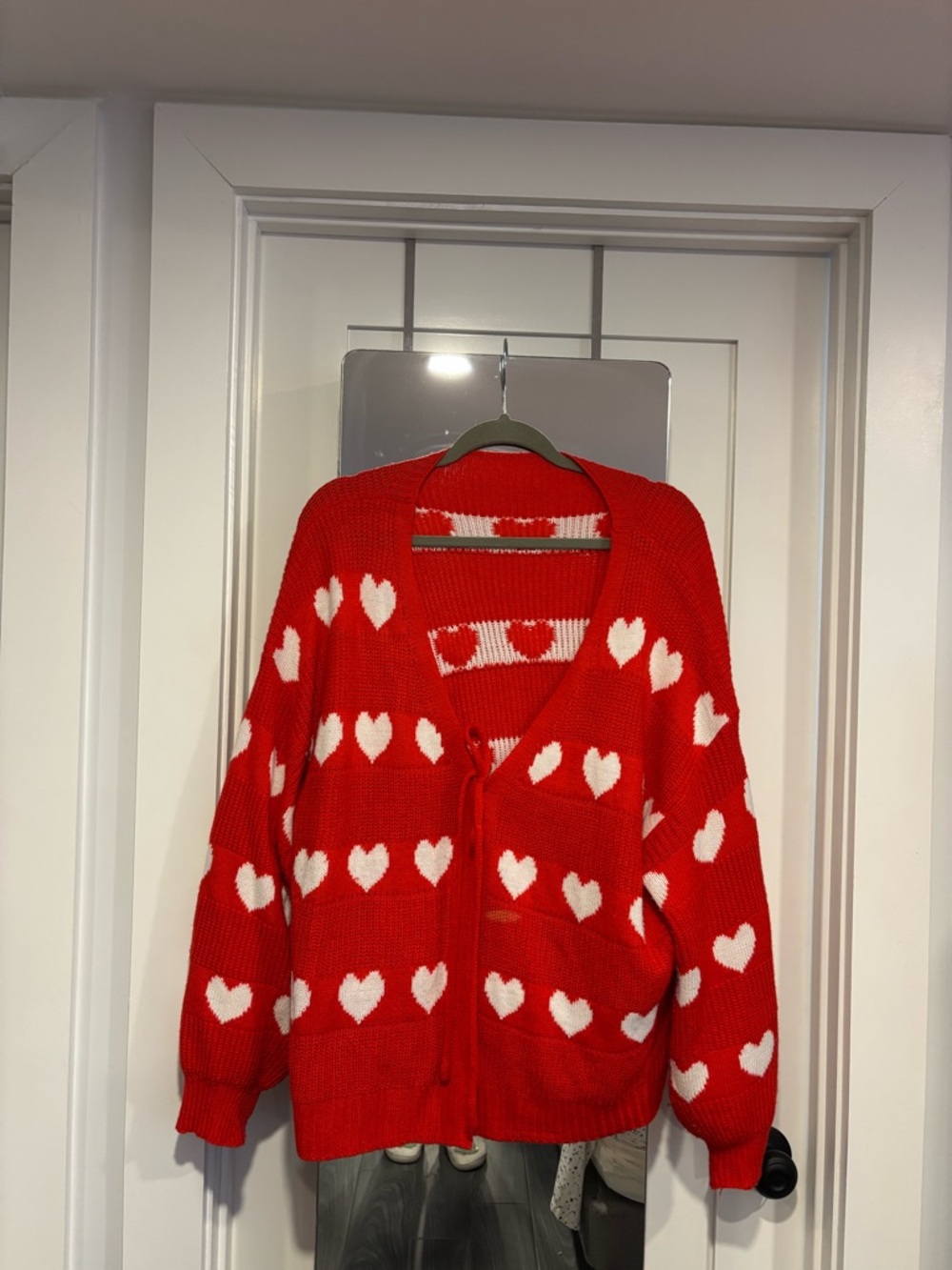 SHEIN Red Cardigan with White Heart Knit